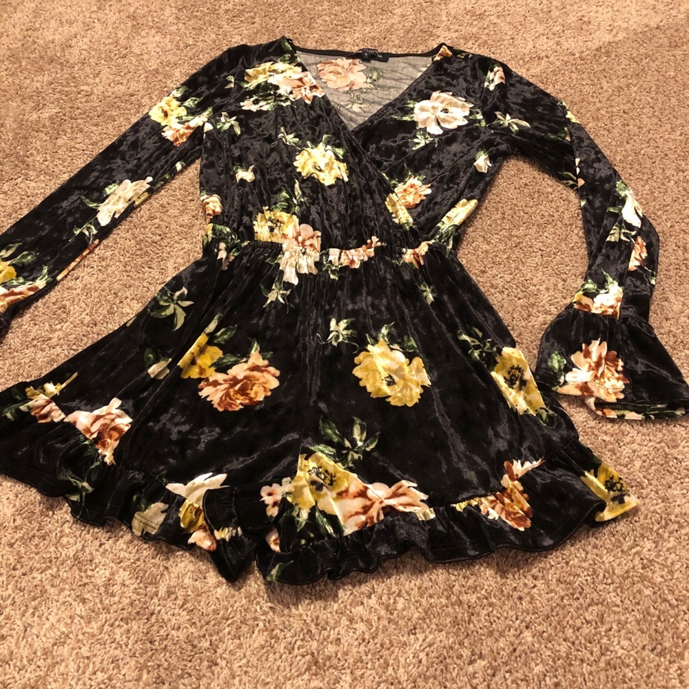One Clothing Floral Romper Velvet Bell Sleeves